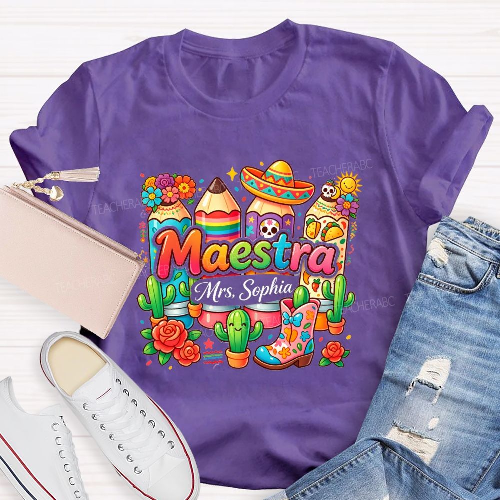 Personalized Name Mexico Floral Teacher T-shirt