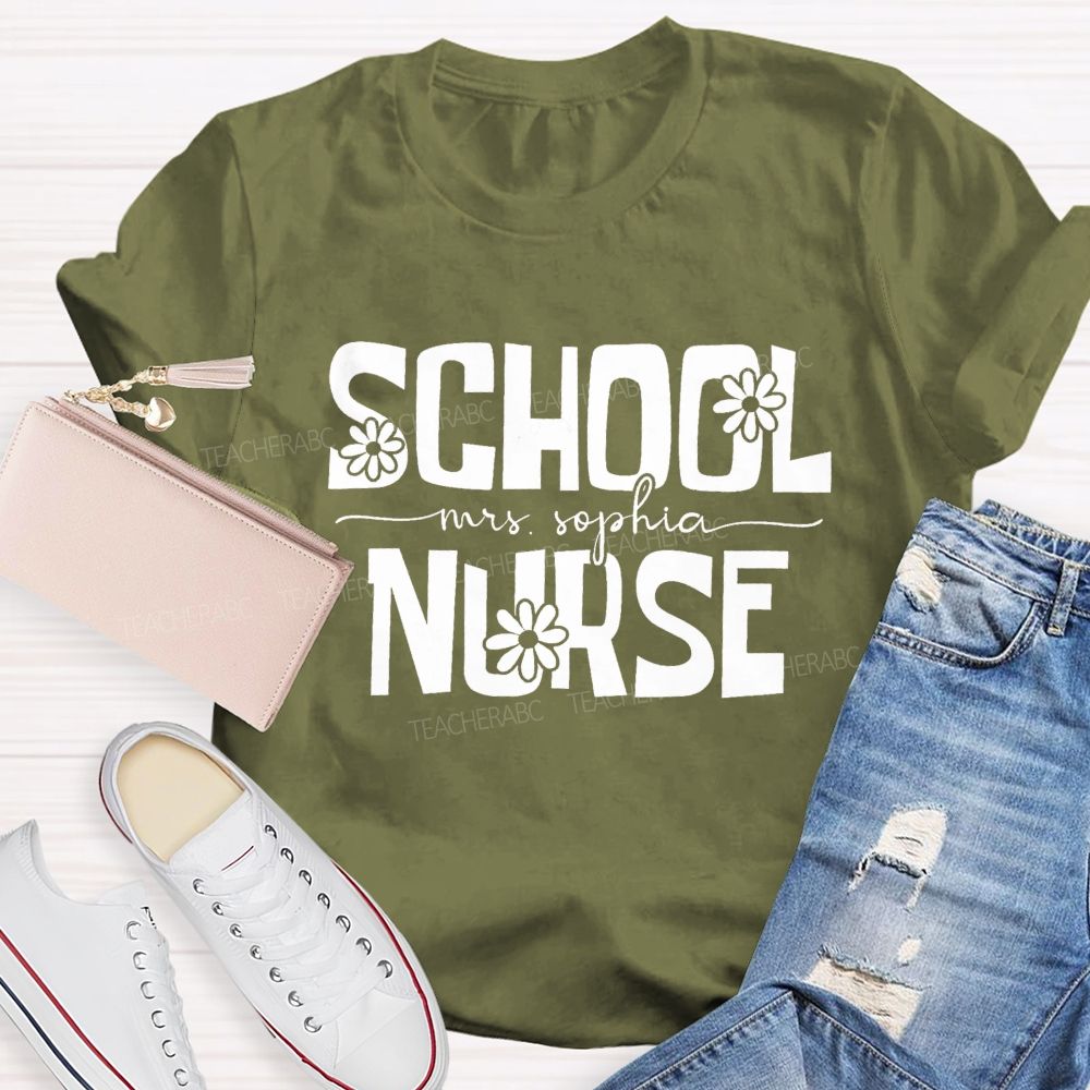 Personalized School Nurse Name Floral Teacher T-Shirt