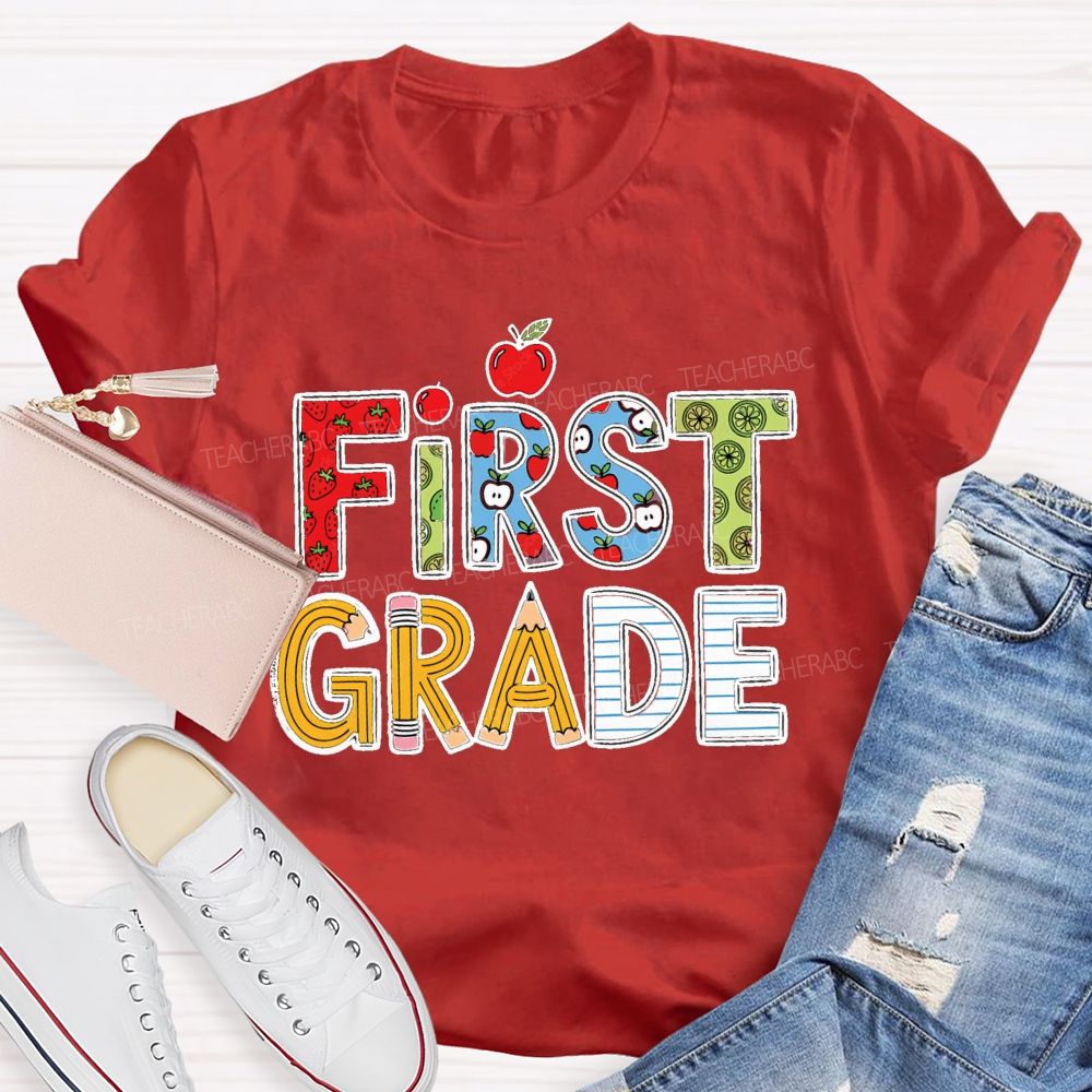 Personalized Grade Strawberry Pencil Apple Back To School Teacher T-Shirt