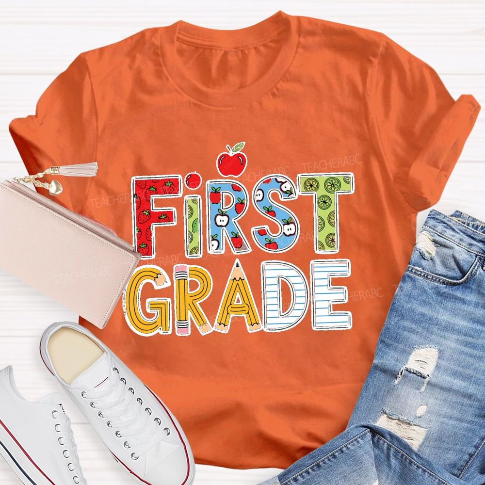 Personalized Grade Strawberry Pencil Apple Back To School Teacher T-Shirt