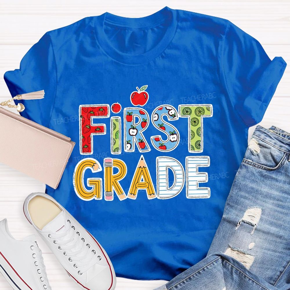Personalized Grade Strawberry Pencil Apple Back To School Teacher T-Shirt