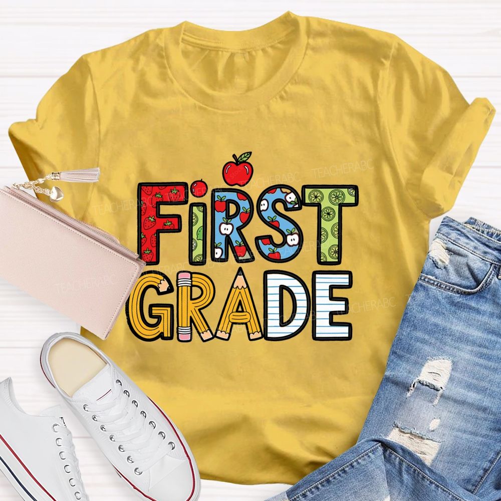 Personalized Grade Strawberry Pencil Apple Back To School Teacher T-Shirt