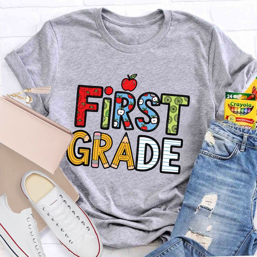 Personalized Grade Strawberry Pencil Apple Back To School Teacher T-Shirt