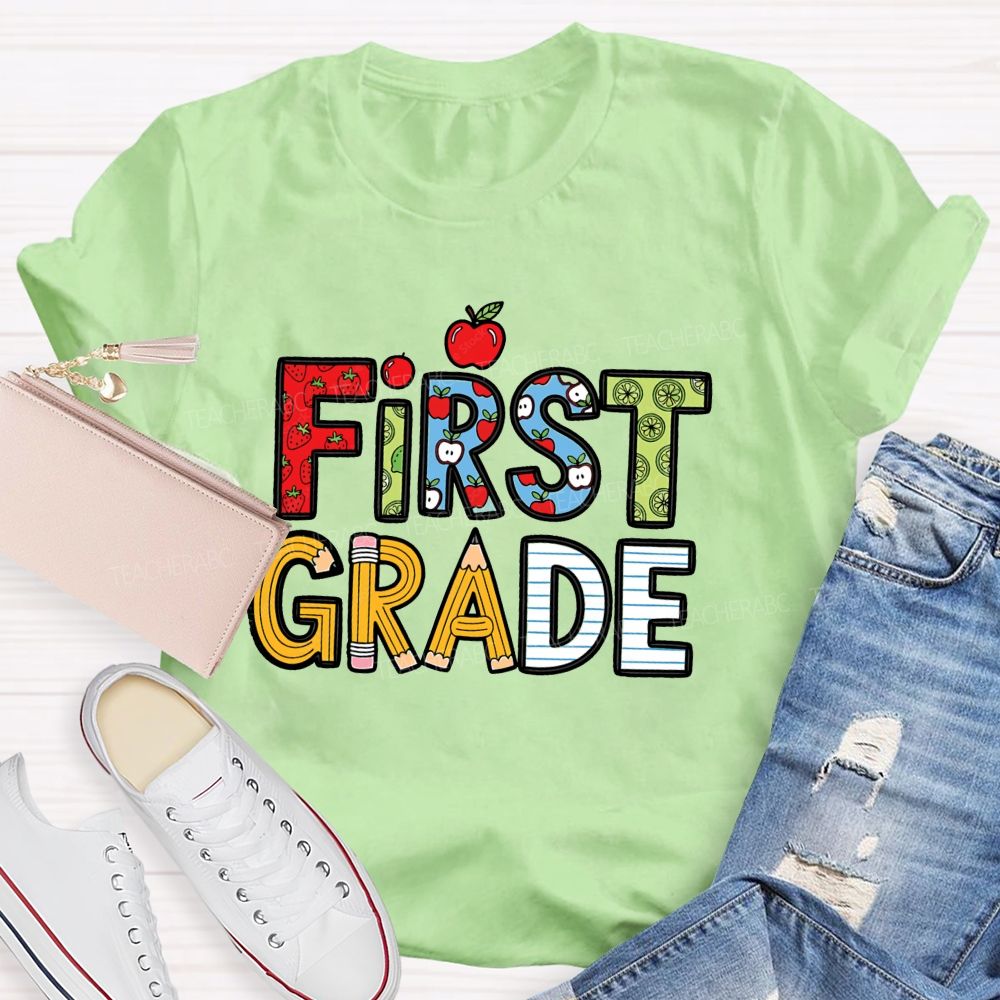 Personalized Grade Strawberry Pencil Apple Back To School Teacher T-Shirt