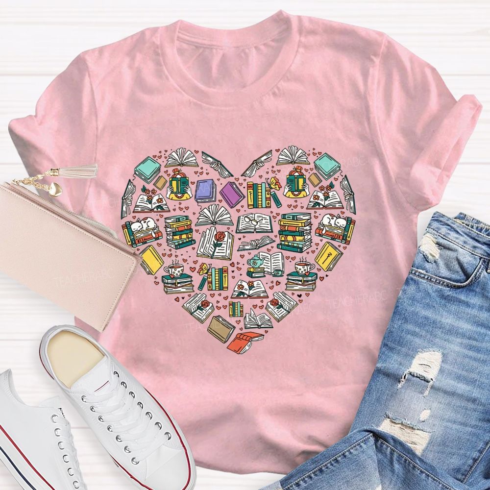 Book Heart Book Lover Reading Cat Coffee Librarian Teacher T-shirt