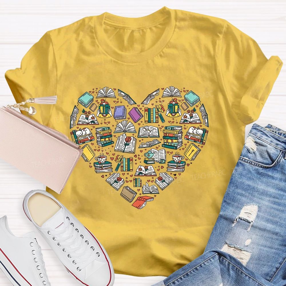 Book Heart Book Lover Reading Cat Coffee Librarian Teacher T-shirt