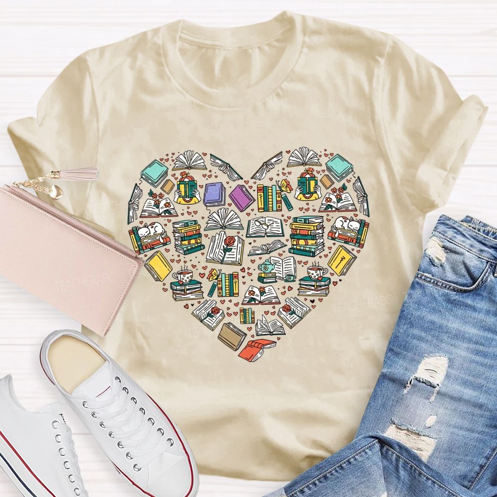 Book Heart Book Lover Reading Cat Coffee Librarian Teacher T-shirt