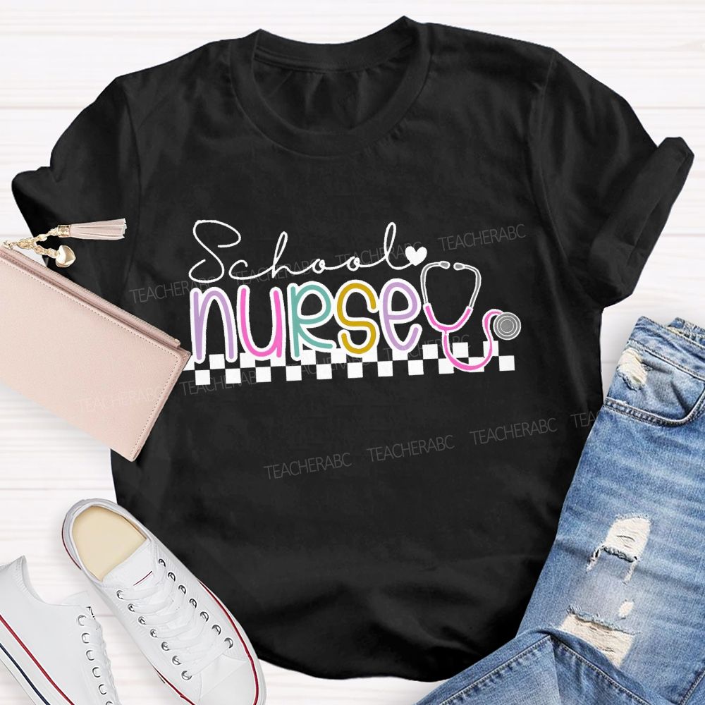 School Nurse Stethoscope Checkerboard T-shirt