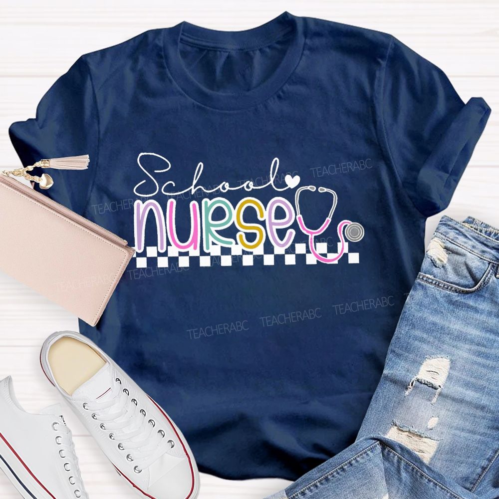 School Nurse Stethoscope Checkerboard T-shirt