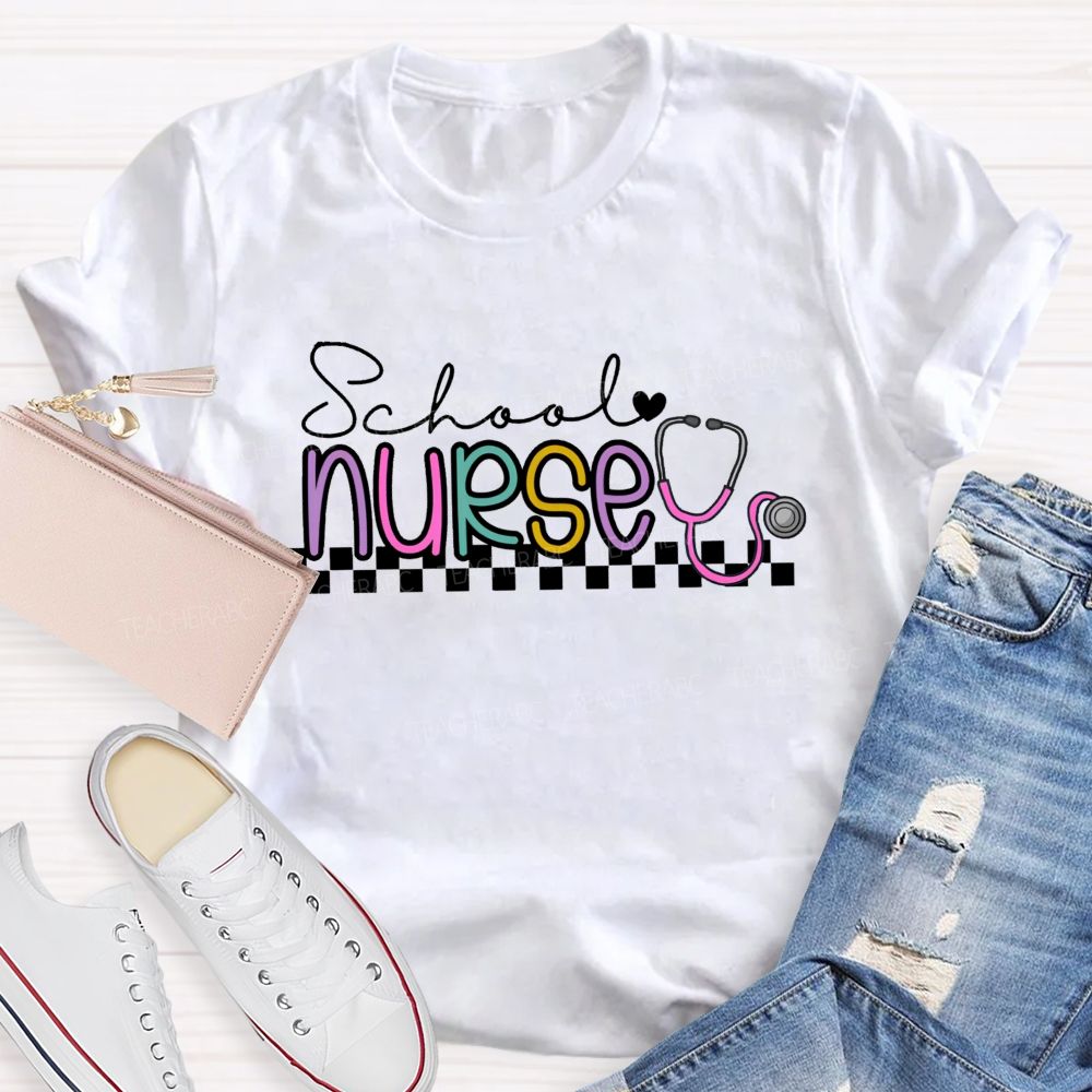 School Nurse Stethoscope Checkerboard T-shirt