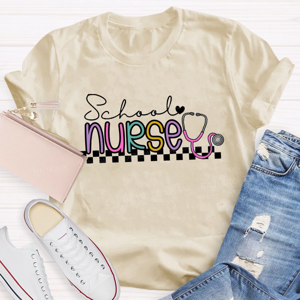 School Nurse Stethoscope Checkerboard T-shirt