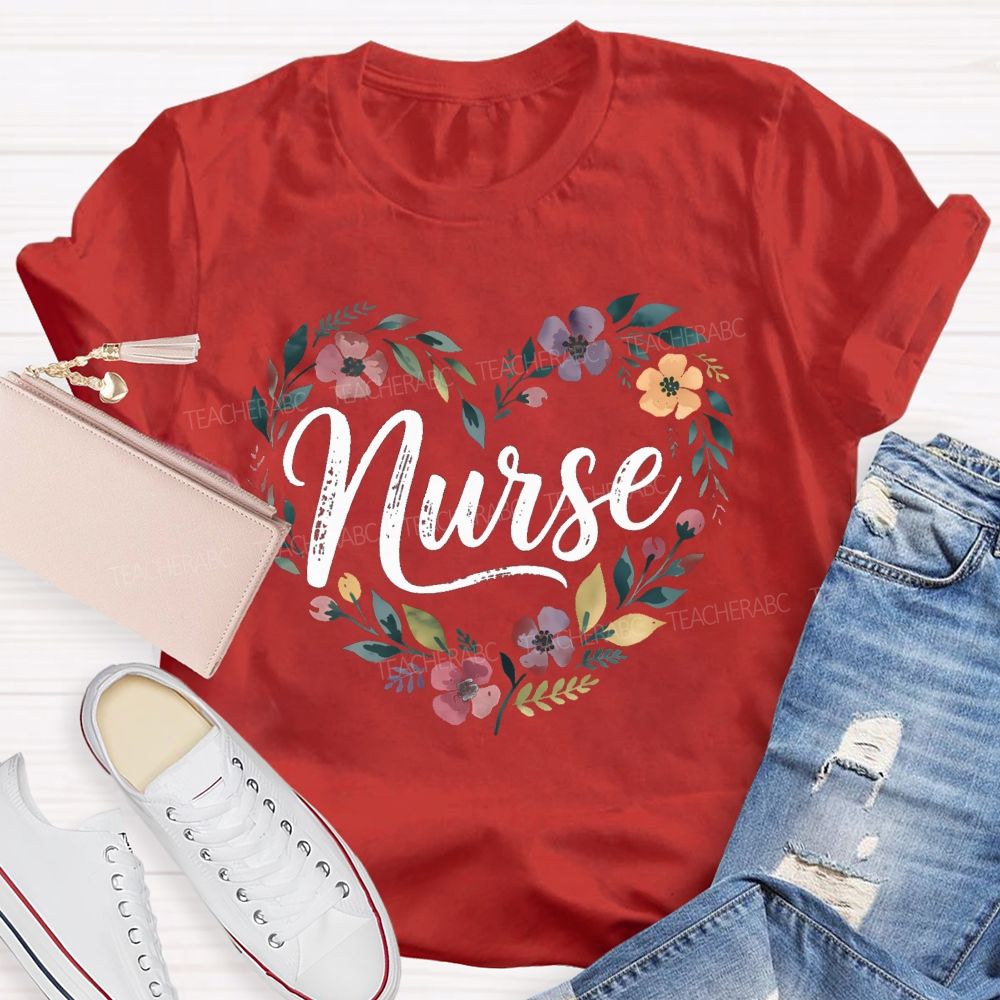 School Nurse Floral Wildflower Heart T-shirt