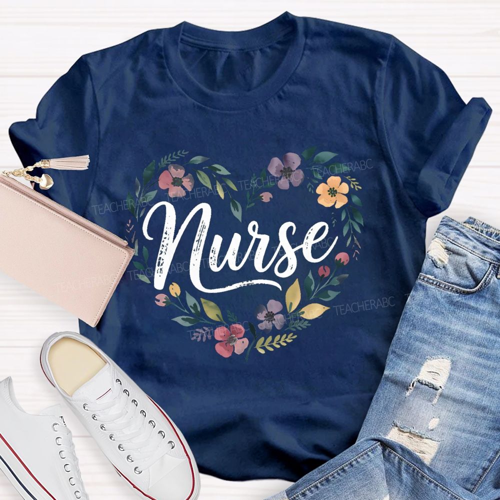 School Nurse Floral Wildflower Heart T-shirt