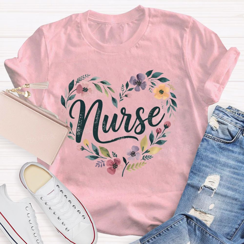 School Nurse Floral Wildflower Heart T-shirt