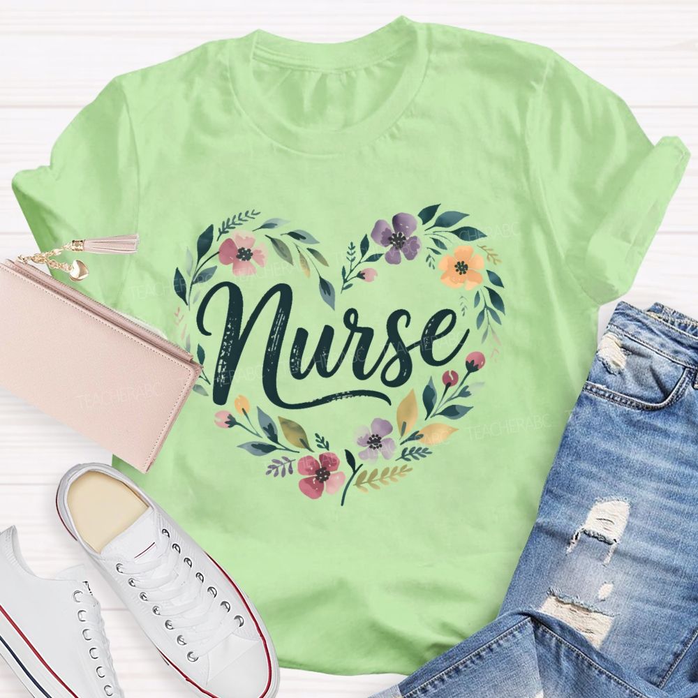 School Nurse Floral Wildflower Heart T-shirt