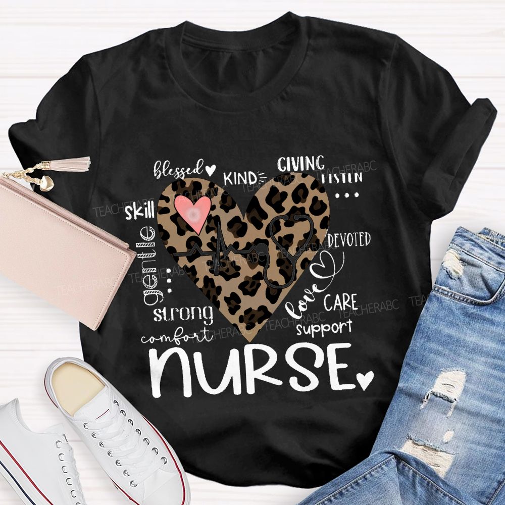 Nurse Blessed Kind Strong Leopard Heart T-shirt