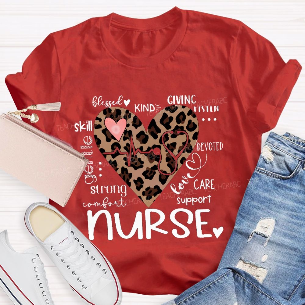 Nurse Blessed Kind Strong Leopard Heart T-shirt