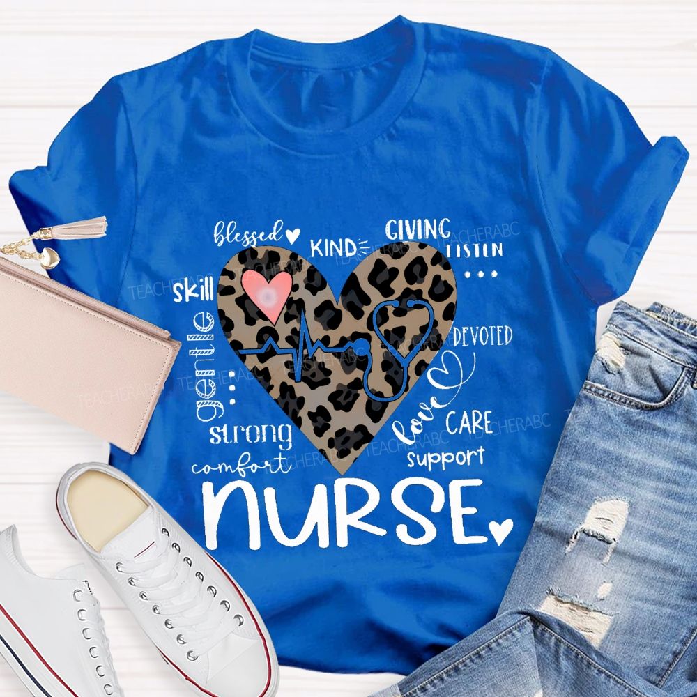 Nurse Blessed Kind Strong Leopard Heart T-shirt