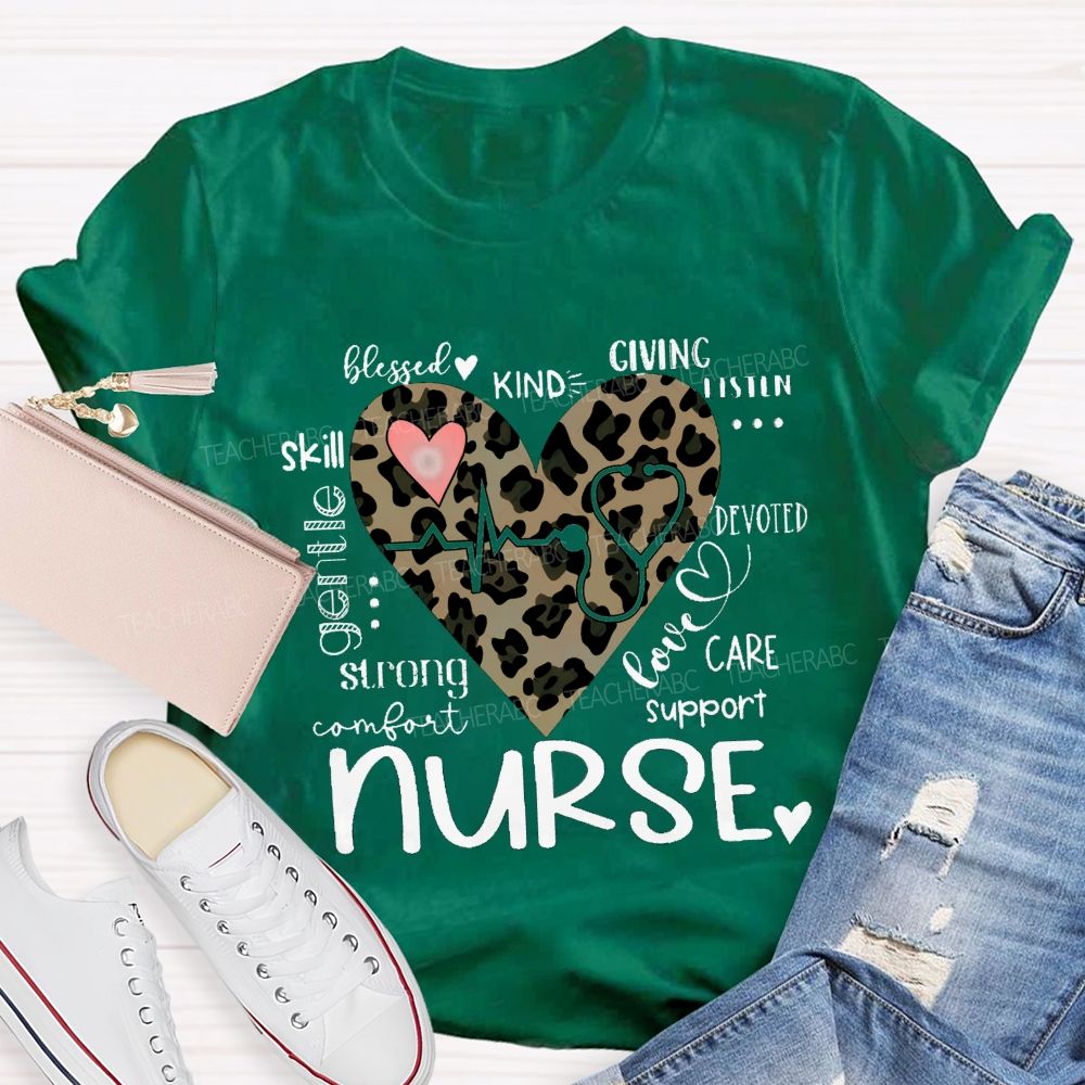 Nurse Blessed Kind Strong Leopard Heart T-shirt