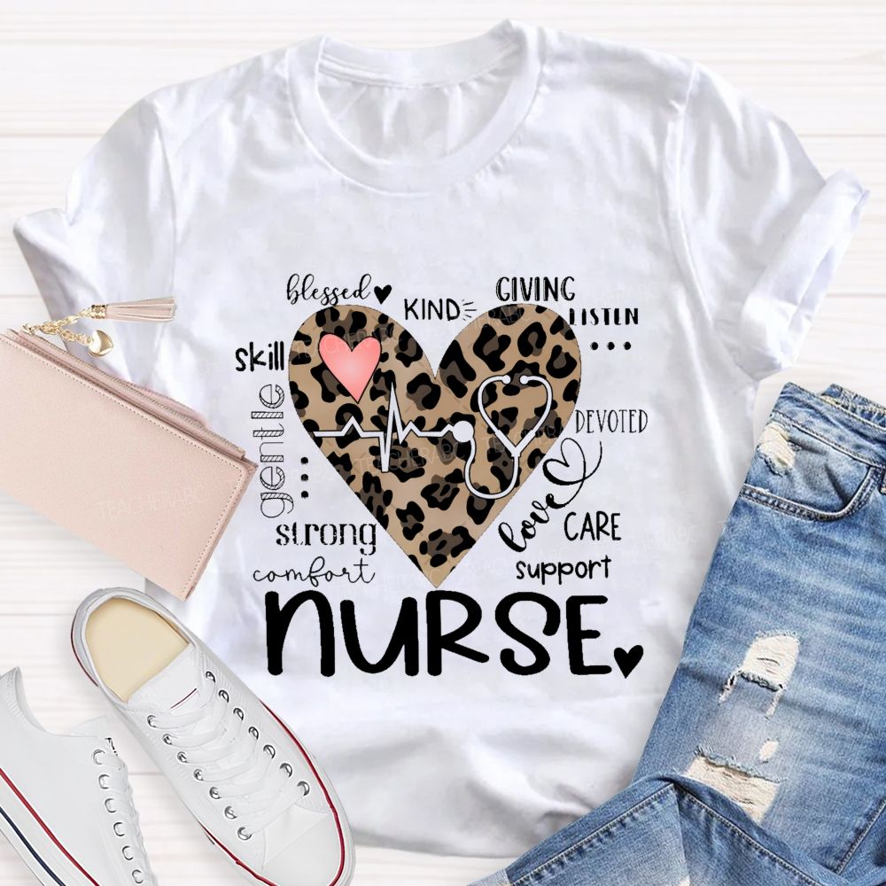 Nurse Blessed Kind Strong Leopard Heart T-shirt