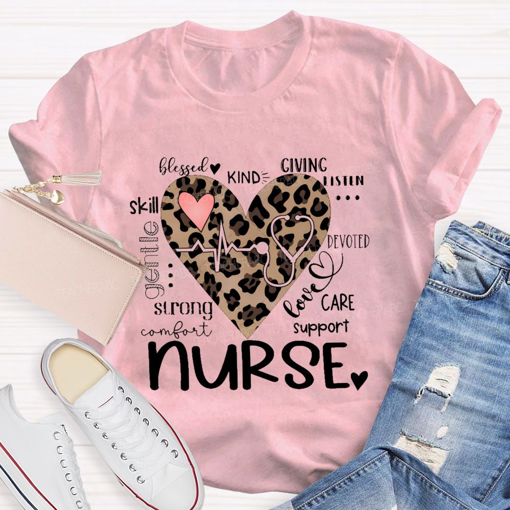Nurse Blessed Kind Strong Leopard Heart T-shirt