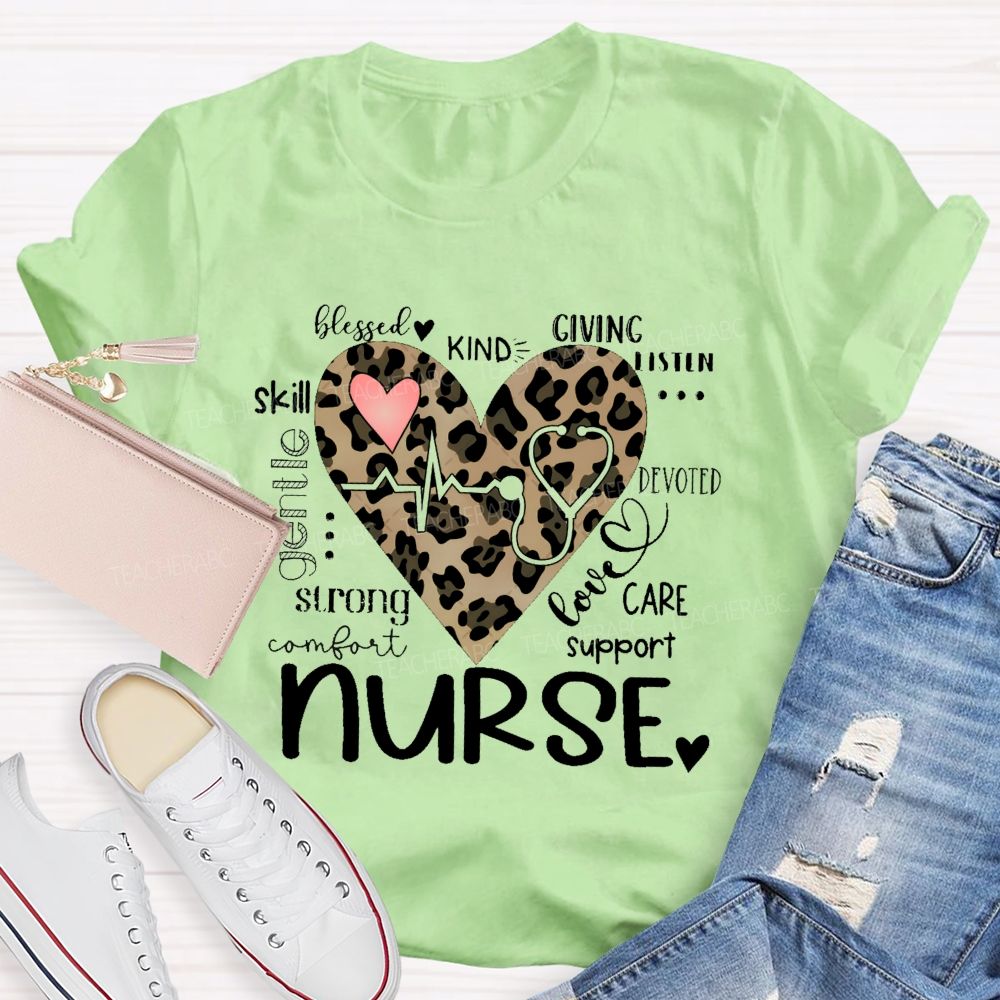 Nurse Blessed Kind Strong Leopard Heart T-shirt