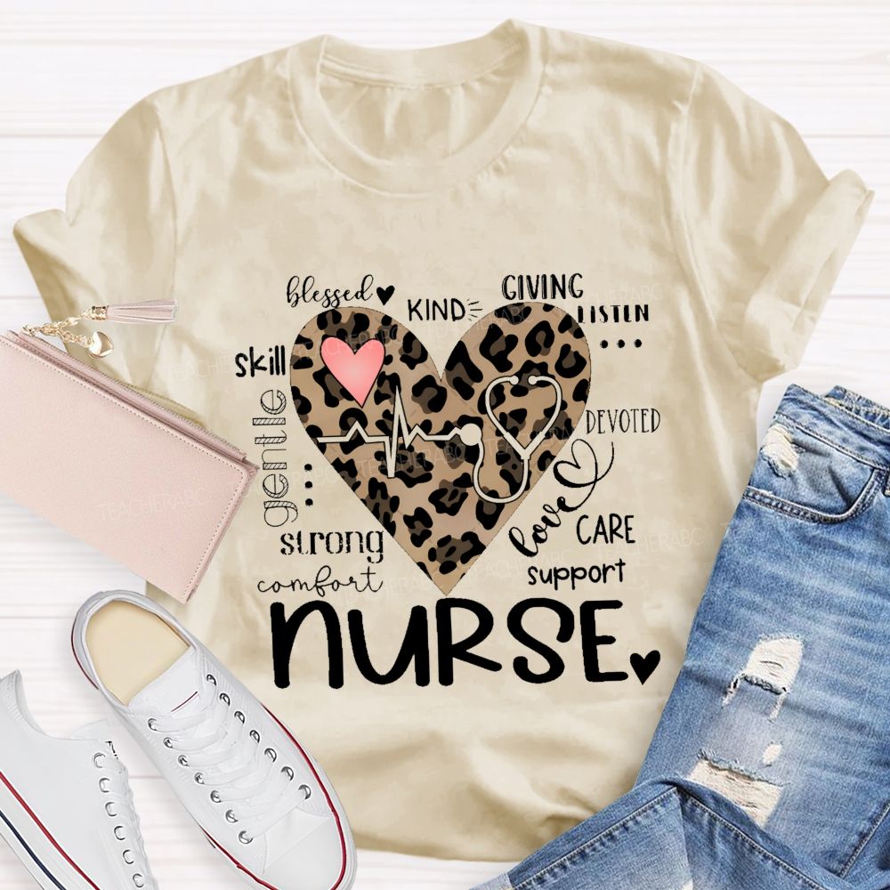Nurse Blessed Kind Strong Leopard Heart T-shirt
