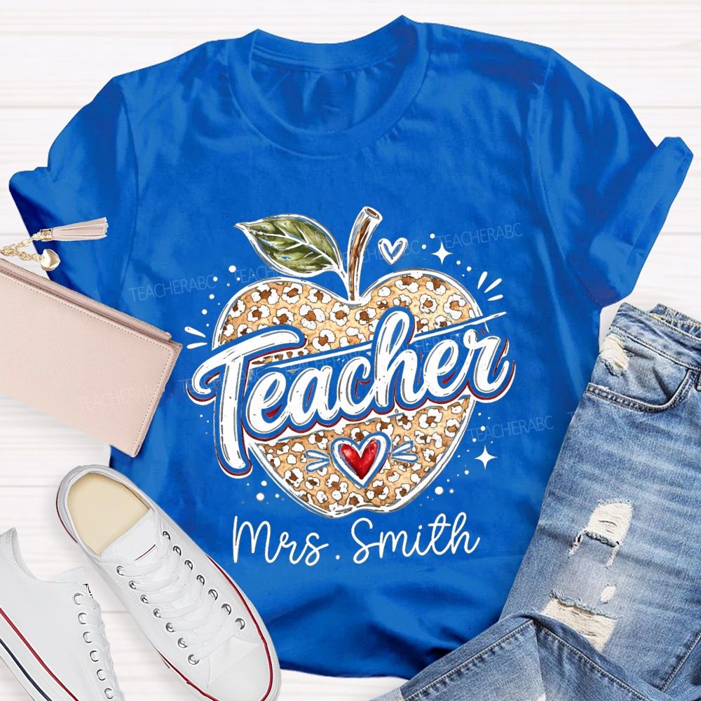 Personalized Name Leopard Apple Teacher T-shirt