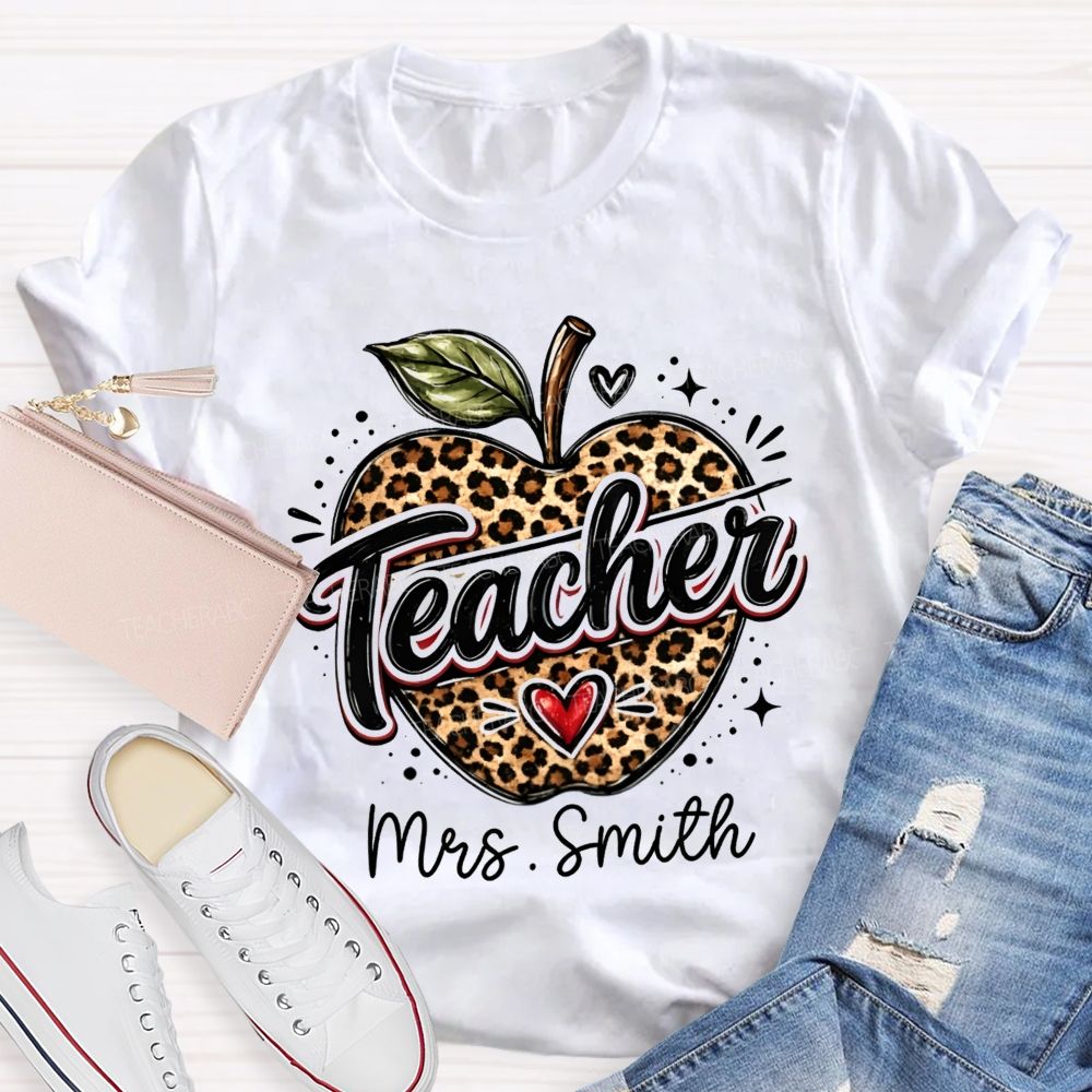 Personalized Name Leopard Apple Teacher T-shirt