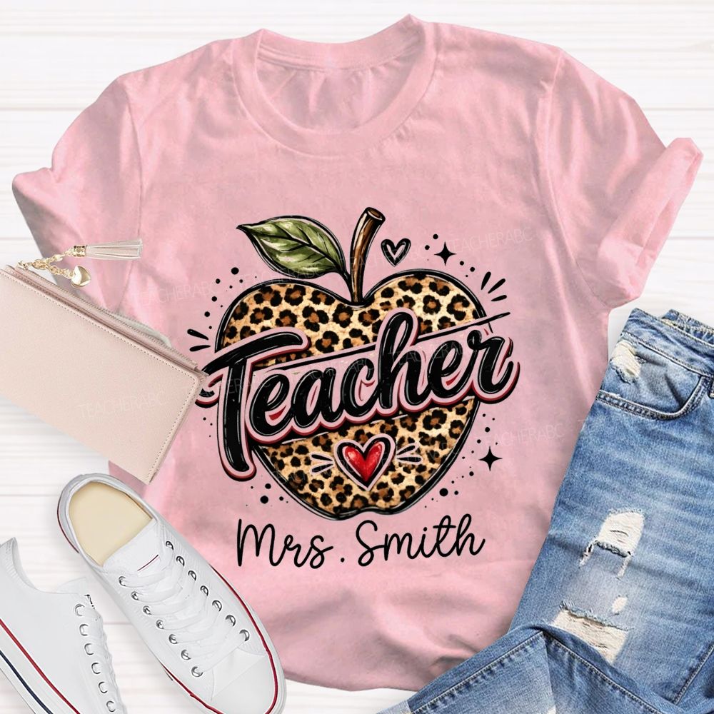 Personalized Name Leopard Apple Teacher T-shirt