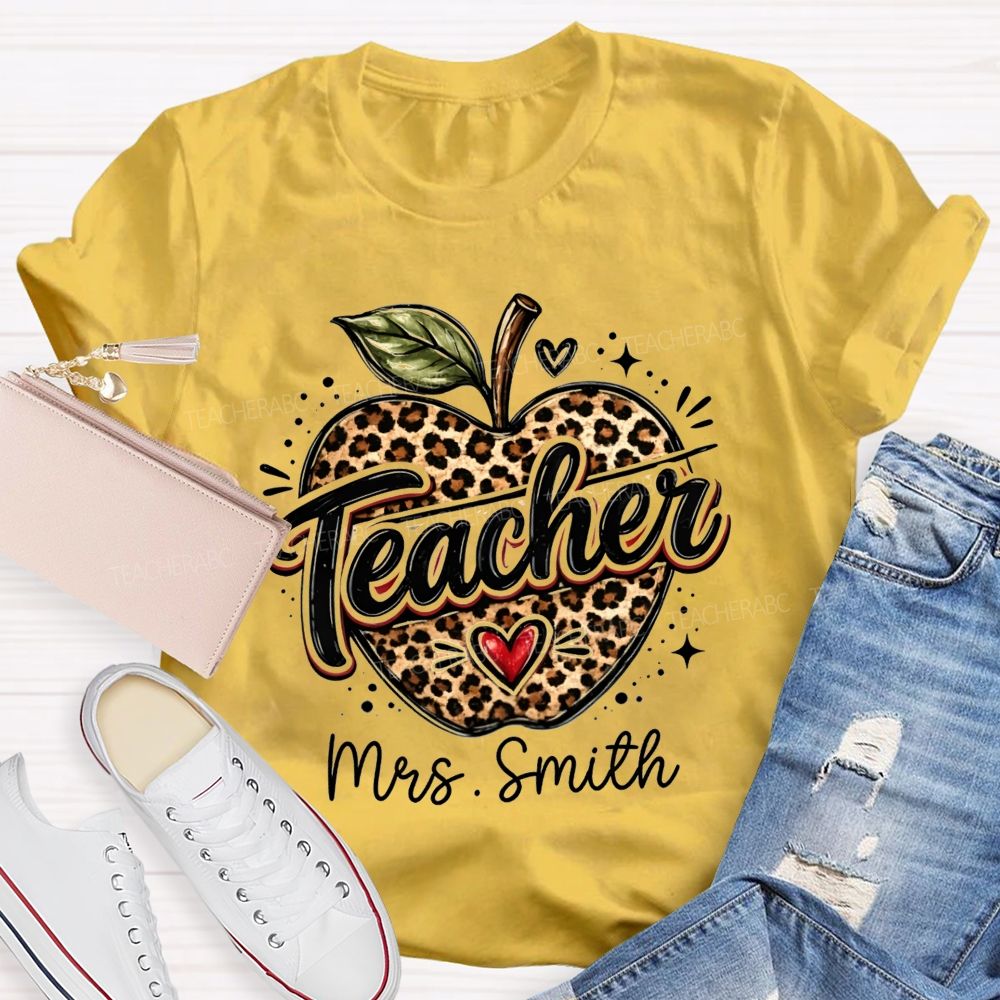 Personalized Name Leopard Apple Teacher T-shirt