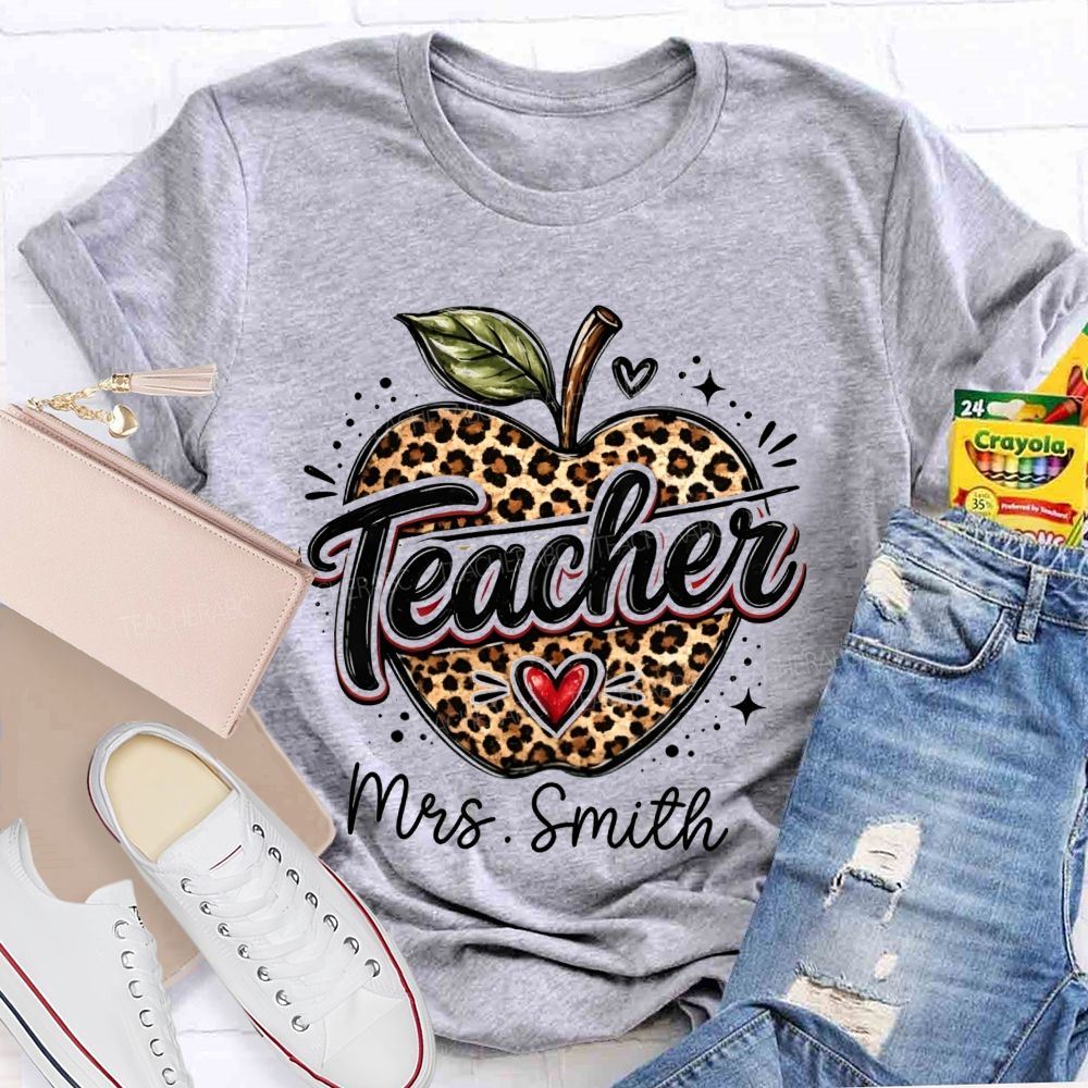 Personalized Name Leopard Apple Teacher T-shirt