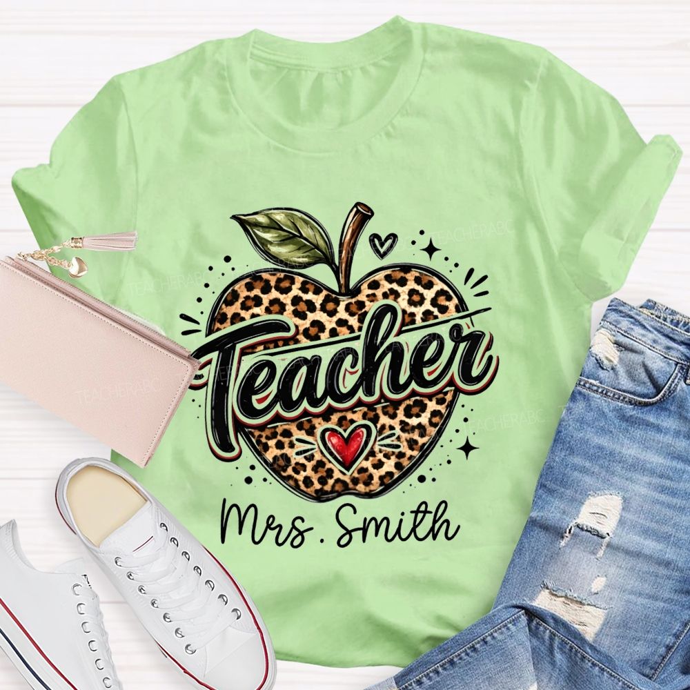 Personalized Name Leopard Apple Teacher T-shirt