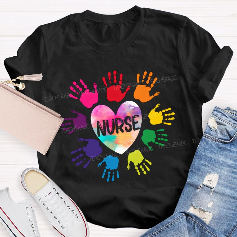 Rainbow Handprint Heart Nurse T-shirt