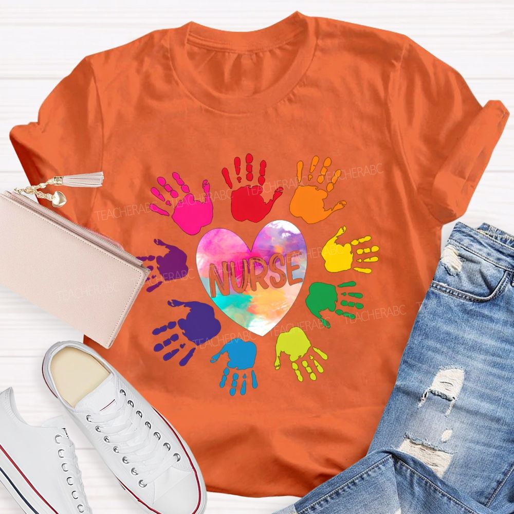 Rainbow Handprint Heart Nurse T-shirt