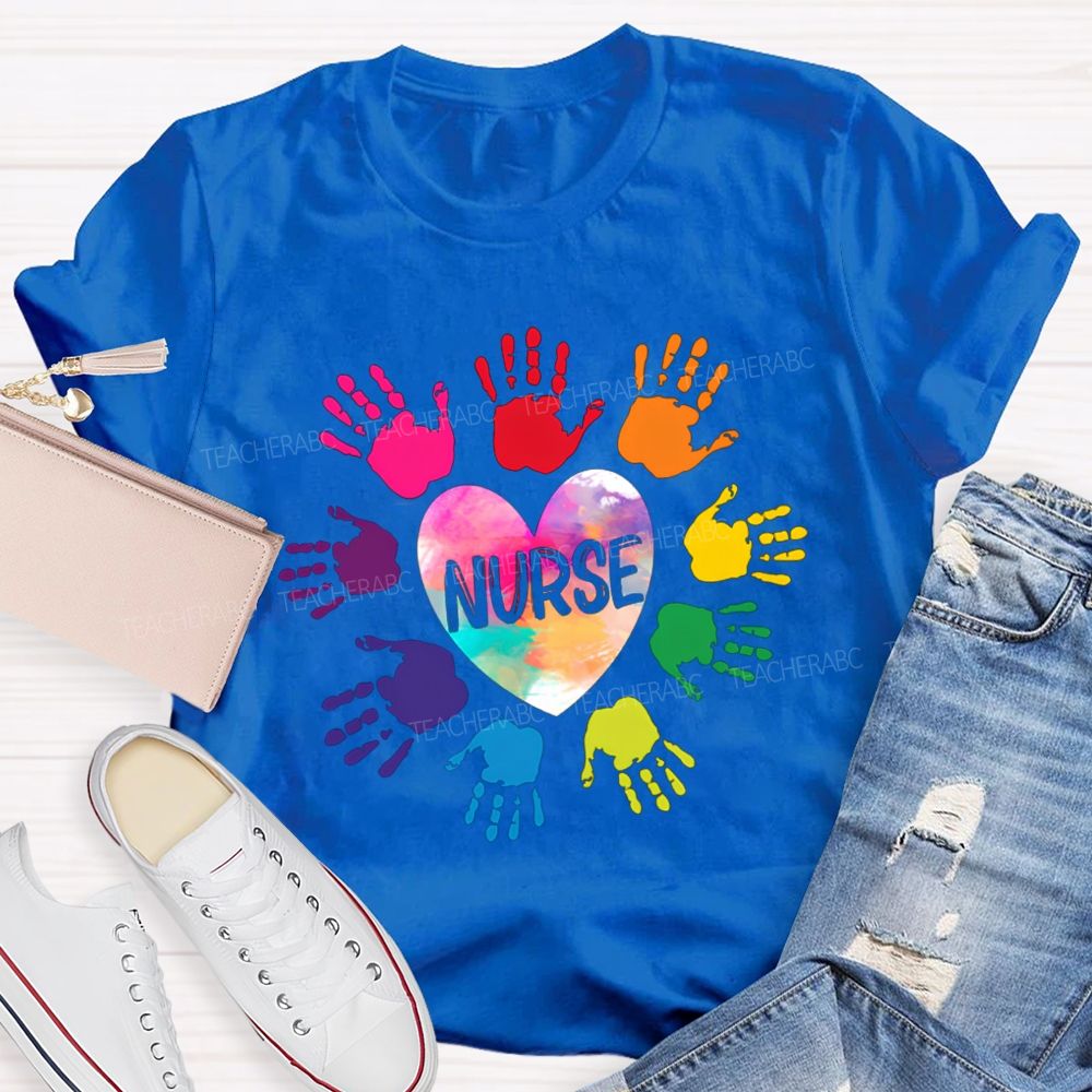 Rainbow Handprint Heart Nurse T-shirt