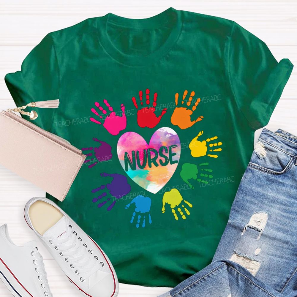 Rainbow Handprint Heart Nurse T-shirt