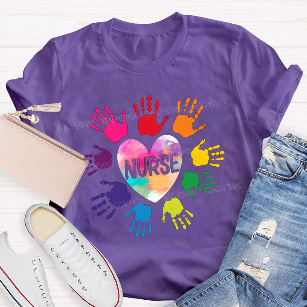 Rainbow Handprint Heart Nurse T-shirt