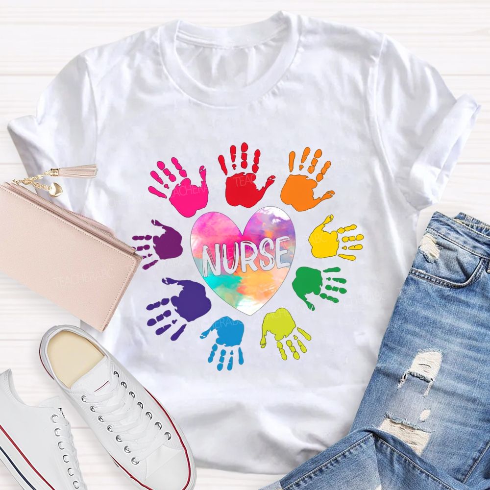 Rainbow Handprint Heart Nurse T-shirt