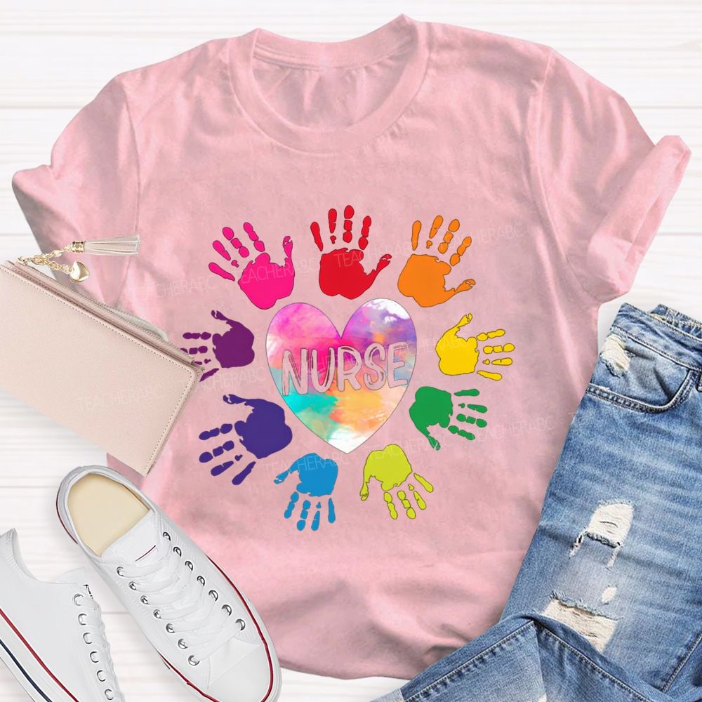 Rainbow Handprint Heart Nurse T-shirt
