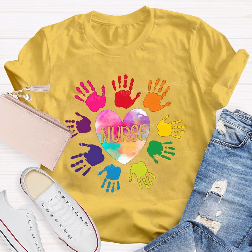 Rainbow Handprint Heart Nurse T-shirt