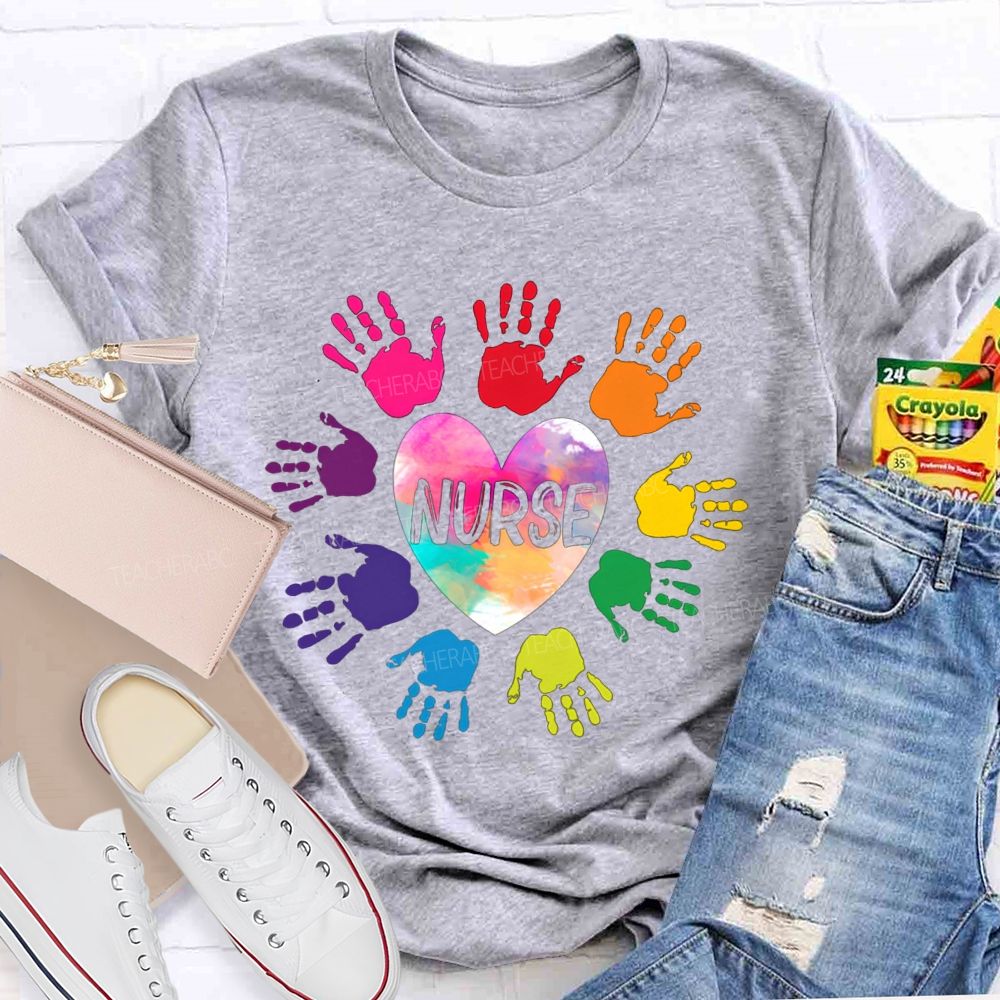 Rainbow Handprint Heart Nurse T-shirt