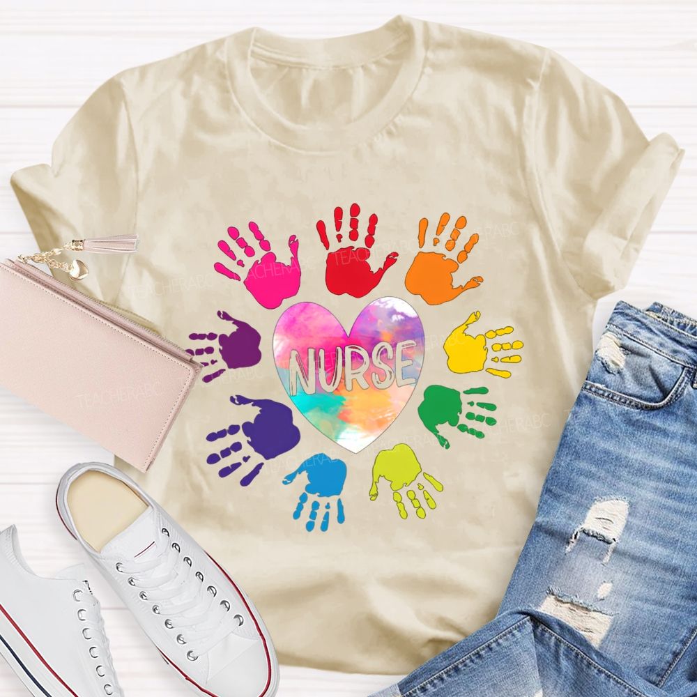 Rainbow Handprint Heart Nurse T-shirt