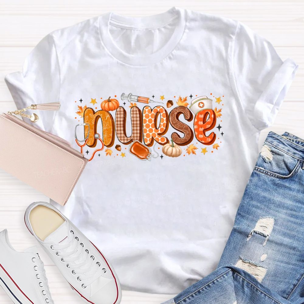 Nurse Life Autumn Pumpkin Maple Leaf Stethoscope T-shirt
