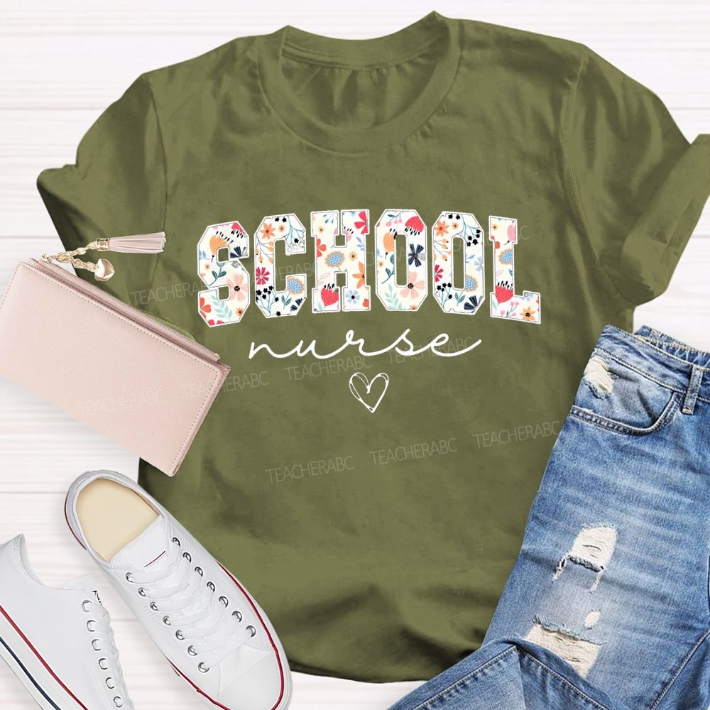 Flower Print School Nurse Heart T-shirt