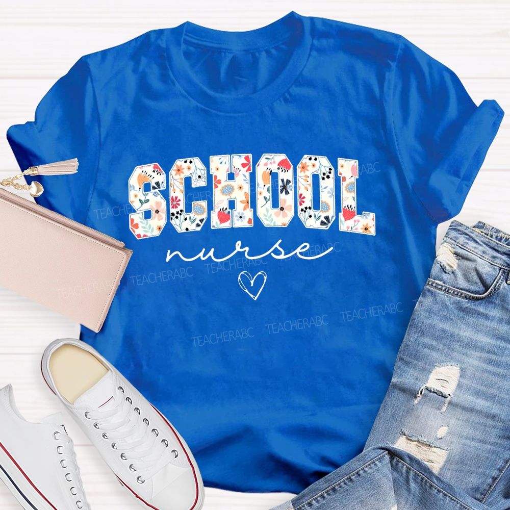 Flower Print School Nurse Heart T-shirt