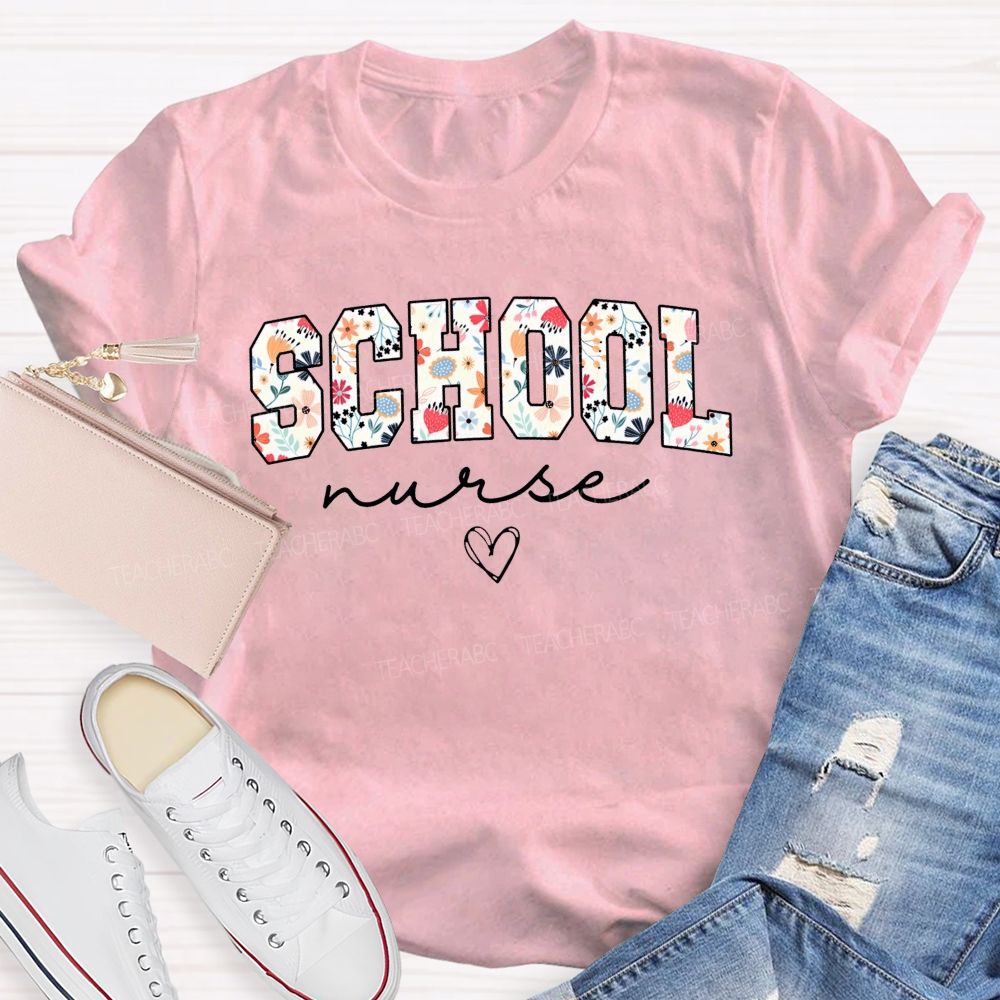 Flower Print School Nurse Heart T-shirt