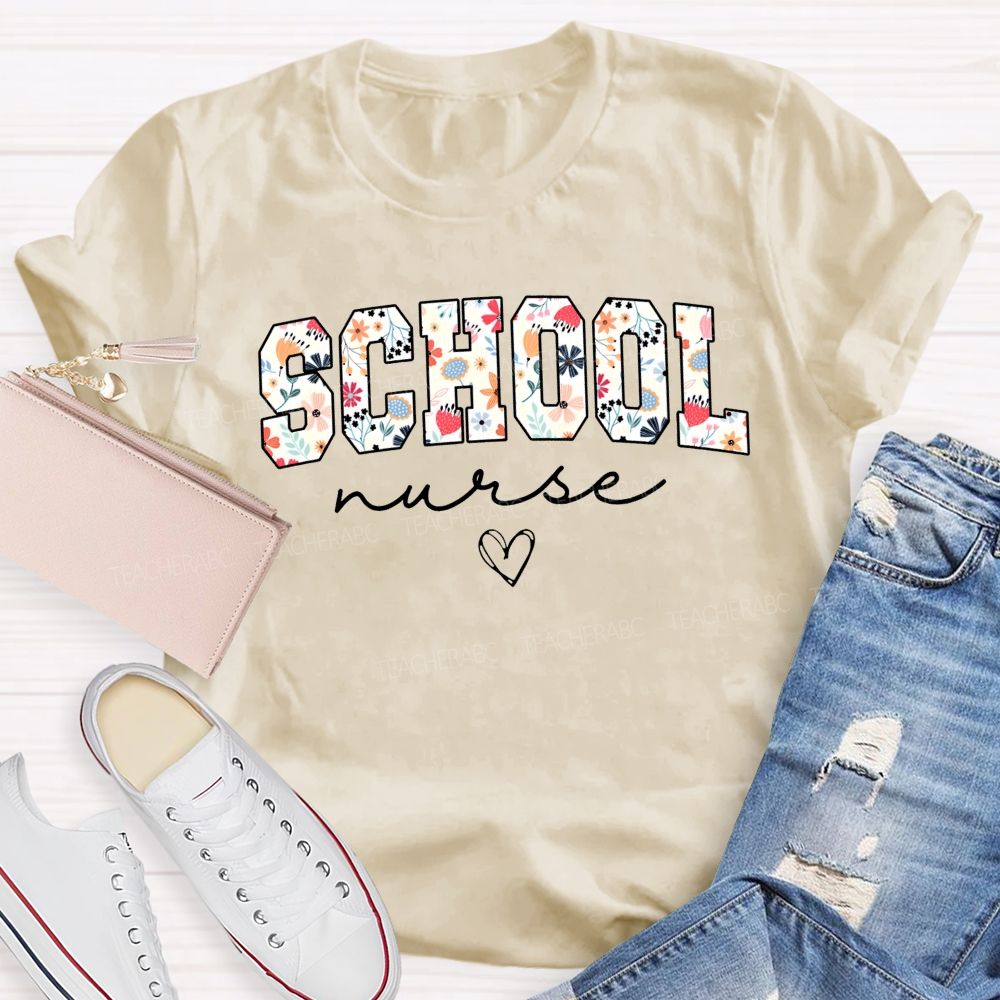 Flower Print School Nurse Heart T-shirt