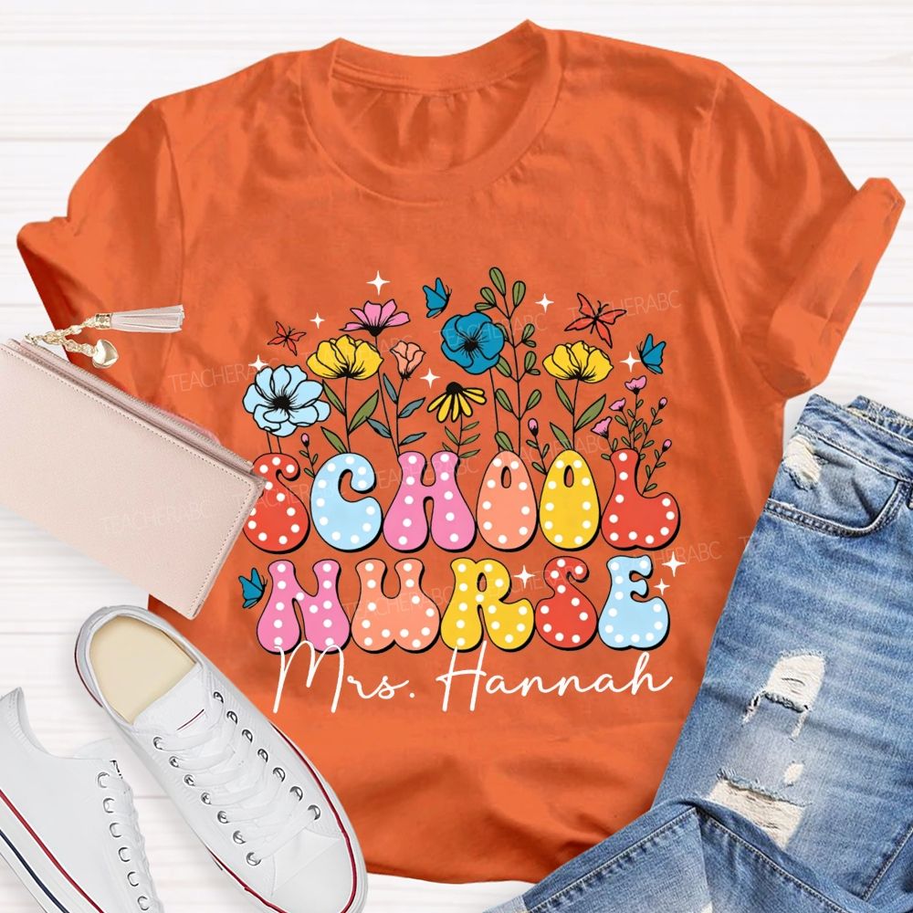 Personalized Name School Nurse Polka Dot Floral Butterfly T-shirt