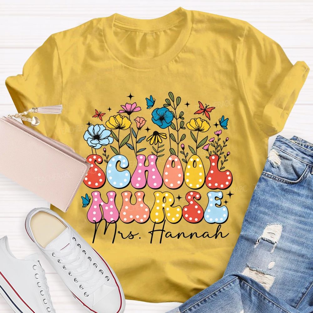 Personalized Name School Nurse Polka Dot Floral Butterfly T-shirt